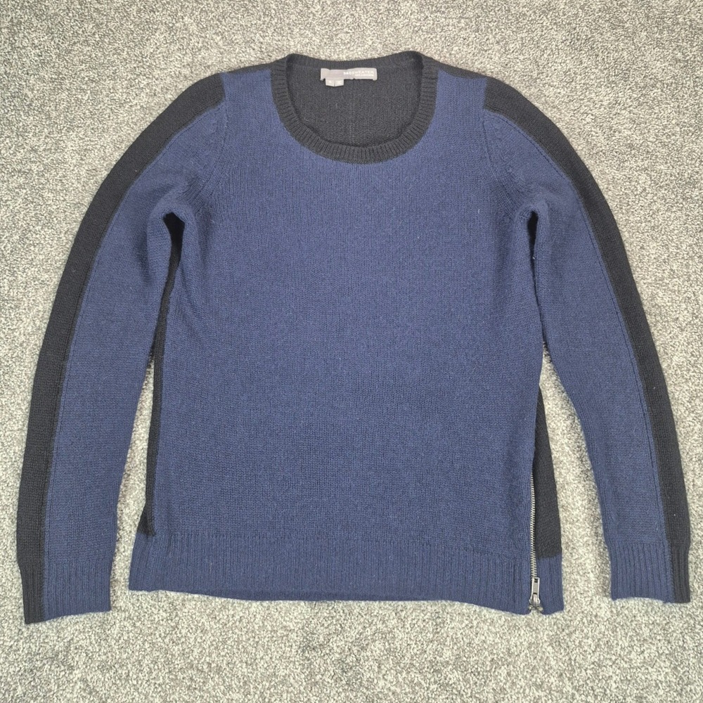 360Cashmere Sweater Womens Small Blue Black 100% Cashmere Side Zippers Crewneck